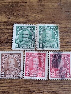 Vintage 1935 Canada King George V Postage Stamp Lot - Green, Brown, Red